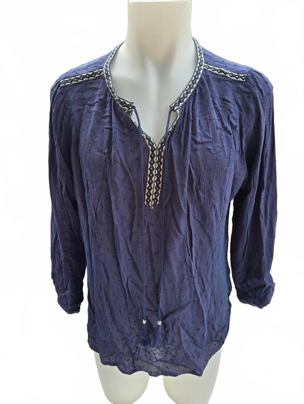 NEW Black Rainn Women's Navy Blue Embroidered Long Sleeve Blouse Size XL